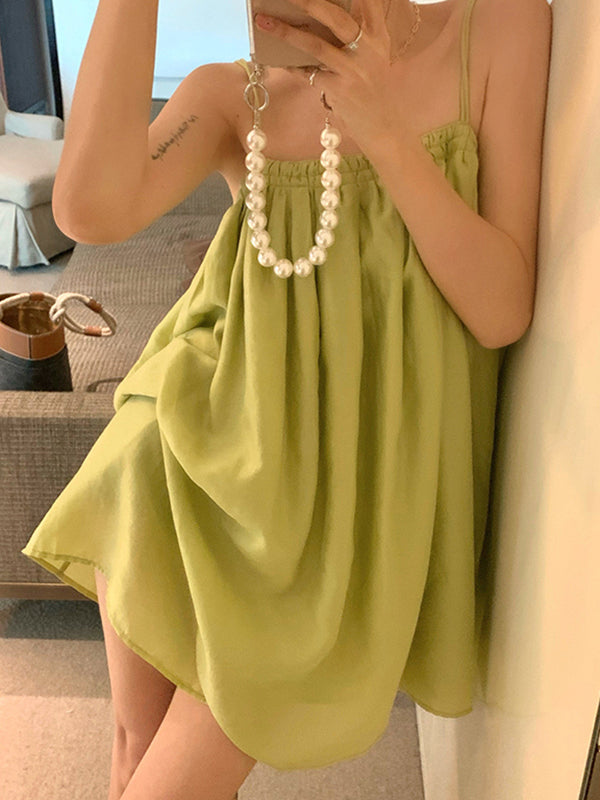 Pleated Solid Color Loose Sleeveless Spaghetti-Neck Slip Dress Mini Dresses - Seldom Seen Styles