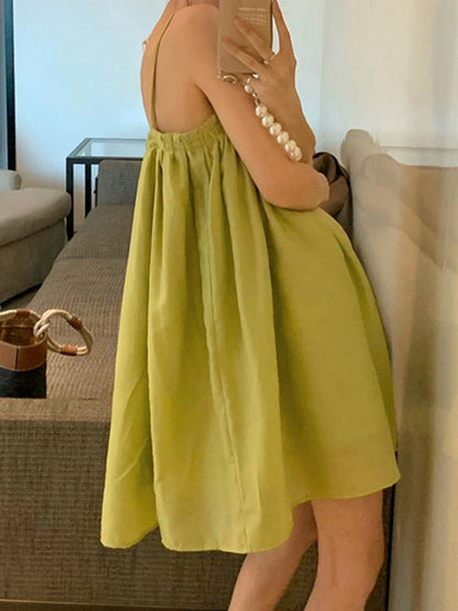 Pleated Solid Color Loose Sleeveless Spaghetti-Neck Slip Dress Mini Dresses - Seldom Seen Styles