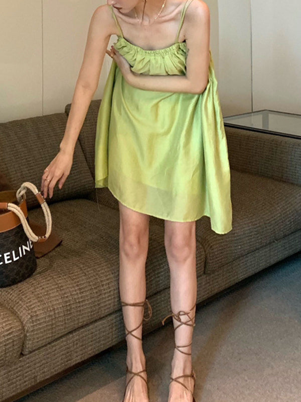 Pleated Solid Color Loose Sleeveless Spaghetti-Neck Slip Dress Mini Dresses - Seldom Seen Styles