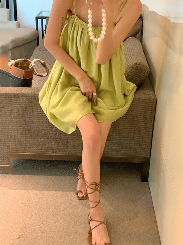 Pleated Solid Color Loose Sleeveless Spaghetti-Neck Slip Dress Mini Dresses - Seldom Seen Styles