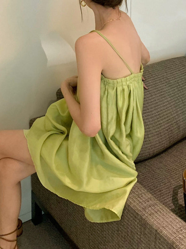 Pleated Solid Color Loose Sleeveless Spaghetti-Neck Slip Dress Mini Dresses - Seldom Seen Styles