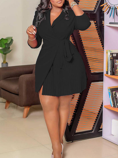 Pleated Solid Color Split-Front Tied Waist Three-Quarter Sleeves V-Neck Mini Dresses - Seldom Seen Styles