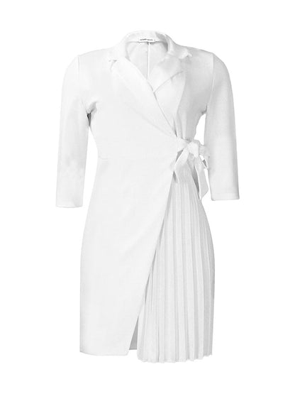 Pleated Solid Color Split-Front Tied Waist Three-Quarter Sleeves V-Neck Mini Dresses - Seldom Seen Styles