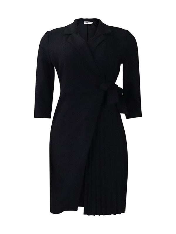 Pleated Solid Color Split-Front Tied Waist Three-Quarter Sleeves V-Neck Mini Dresses - Seldom Seen Styles