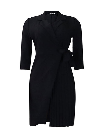 Pleated Solid Color Split-Front Tied Waist Three-Quarter Sleeves V-Neck Mini Dresses - Seldom Seen Styles