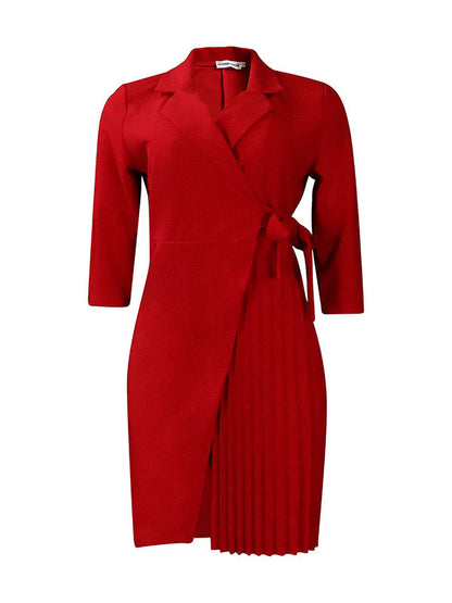 Pleated Solid Color Split-Front Tied Waist Three-Quarter Sleeves V-Neck Mini Dresses - Seldom Seen Styles