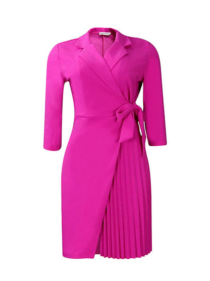 Pleated Solid Color Split-Front Tied Waist Three-Quarter Sleeves V-Neck Mini Dresses - Seldom Seen Styles