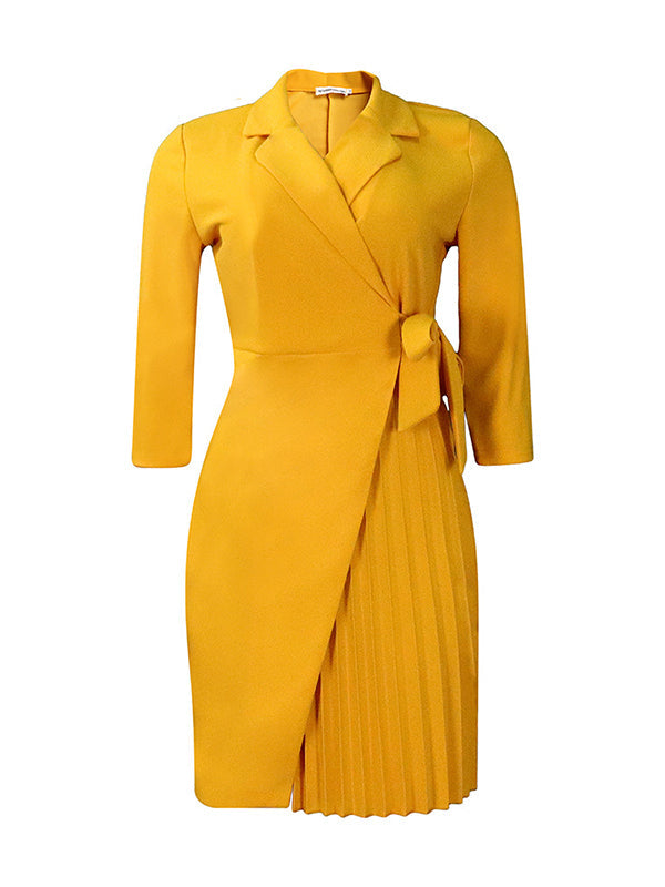 Pleated Solid Color Split-Front Tied Waist Three-Quarter Sleeves V-Neck Mini Dresses - Seldom Seen Styles