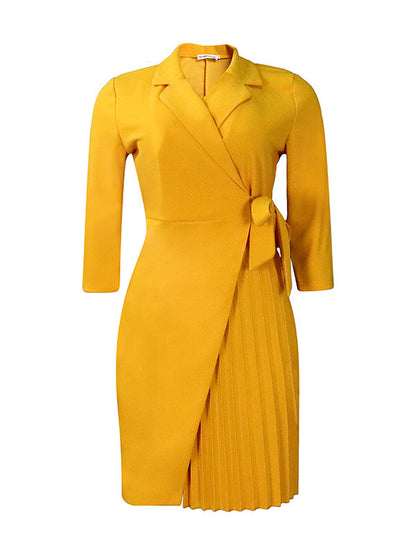 Pleated Solid Color Split-Front Tied Waist Three-Quarter Sleeves V-Neck Mini Dresses - Seldom Seen Styles