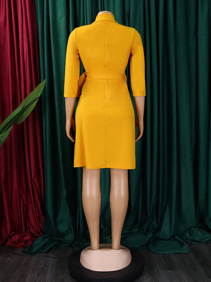 Pleated Solid Color Split-Front Tied Waist Three-Quarter Sleeves V-Neck Mini Dresses - Seldom Seen Styles