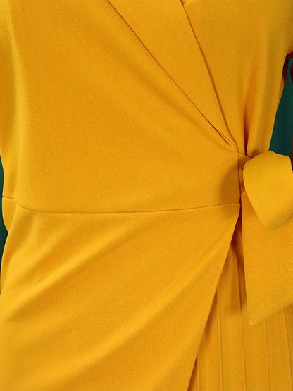 Pleated Solid Color Split-Front Tied Waist Three-Quarter Sleeves V-Neck Mini Dresses - Seldom Seen Styles