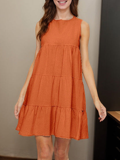 Pleated Solid Color Split-Joint A-Line Loose Round-Neck Mini Dresses - Seldom Seen Styles