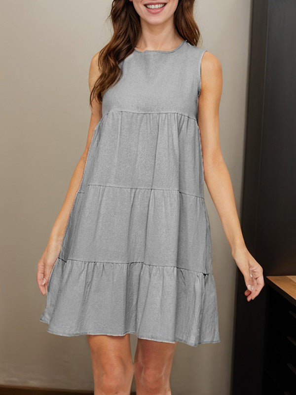 Pleated Solid Color Split-Joint A-Line Loose Round-Neck Mini Dresses - Seldom Seen Styles