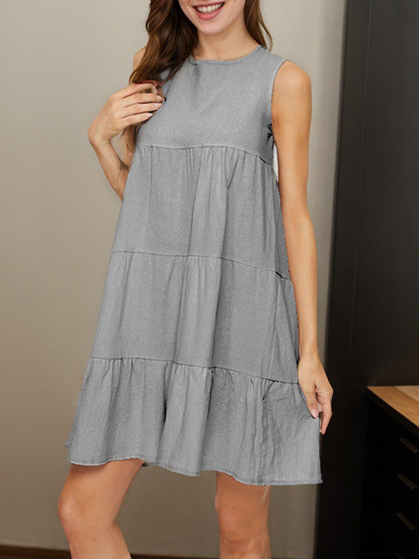 Pleated Solid Color Split-Joint A-Line Loose Round-Neck Mini Dresses - Seldom Seen Styles