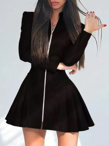 Pleated Split-Joint Zipper Long Sleeves Skinny Stand Collar Mini Dresses - Seldom Seen Styles