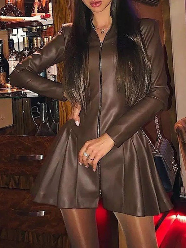 Pleated Split-Joint Zipper Long Sleeves Skinny Stand Collar Mini Dresses - Seldom Seen Styles