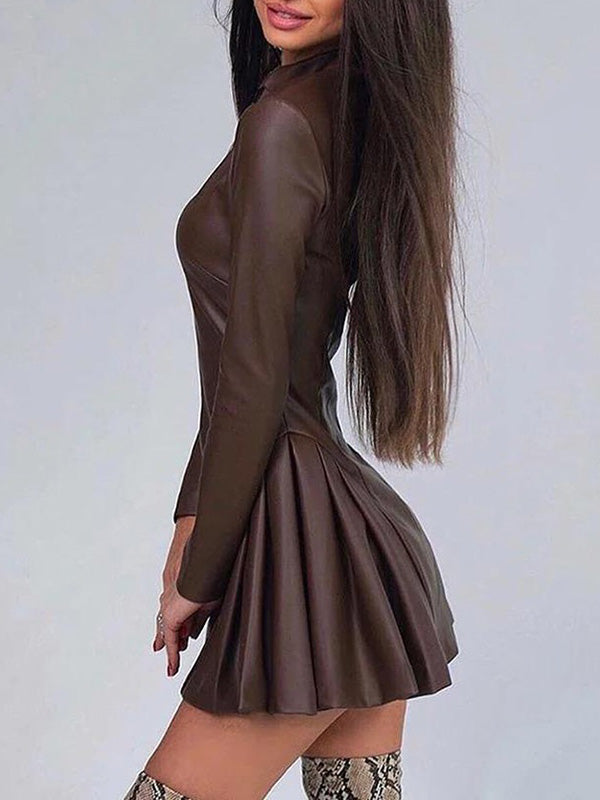 Pleated Split-Joint Zipper Long Sleeves Skinny Stand Collar Mini Dresses - Seldom Seen Styles