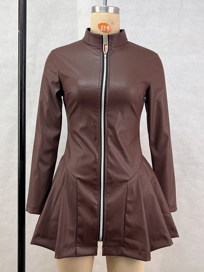 Pleated Split-Joint Zipper Long Sleeves Skinny Stand Collar Mini Dresses - Seldom Seen Styles