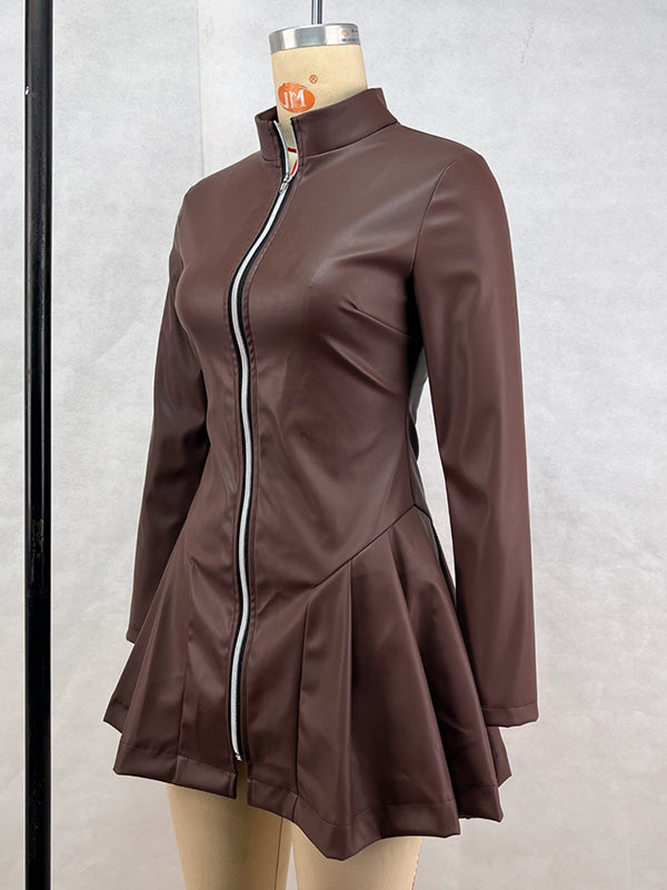 Pleated Split-Joint Zipper Long Sleeves Skinny Stand Collar Mini Dresses - Seldom Seen Styles