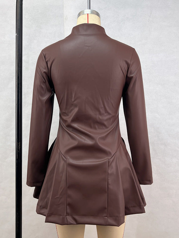 Pleated Split-Joint Zipper Long Sleeves Skinny Stand Collar Mini Dresses - Seldom Seen Styles