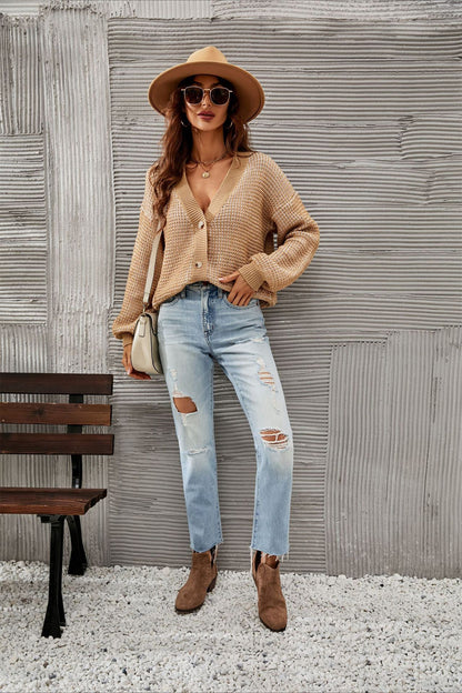 Plus Size Hollow Knit Cardigan Women's 2025 Fall Chunky Knit Open Front Long Sleeve V Neck Button Loose Cardigan Sweaters - Seldom Seen Styles