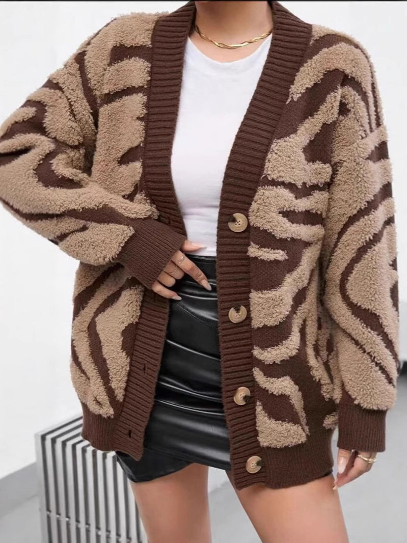Plus Size Leopard  Women's Graphic Knit Cardigan Sweater Button Down Long Sleeve Fuzzy Outerwear Top Fall Clothes - Seldom Seen Styles