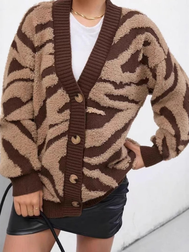 Plus Size Leopard  Women's Graphic Knit Cardigan Sweater Button Down Long Sleeve Fuzzy Outerwear Top Fall Clothes - Seldom Seen Styles