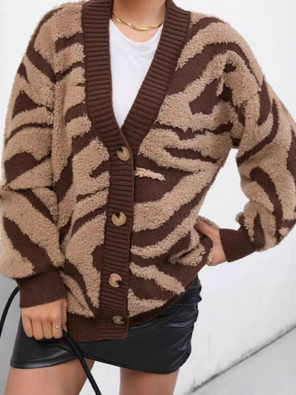 Plus Size Leopard  Women's Graphic Knit Cardigan Sweater Button Down Long Sleeve Fuzzy Outerwear Top Fall Clothes - Seldom Seen Styles