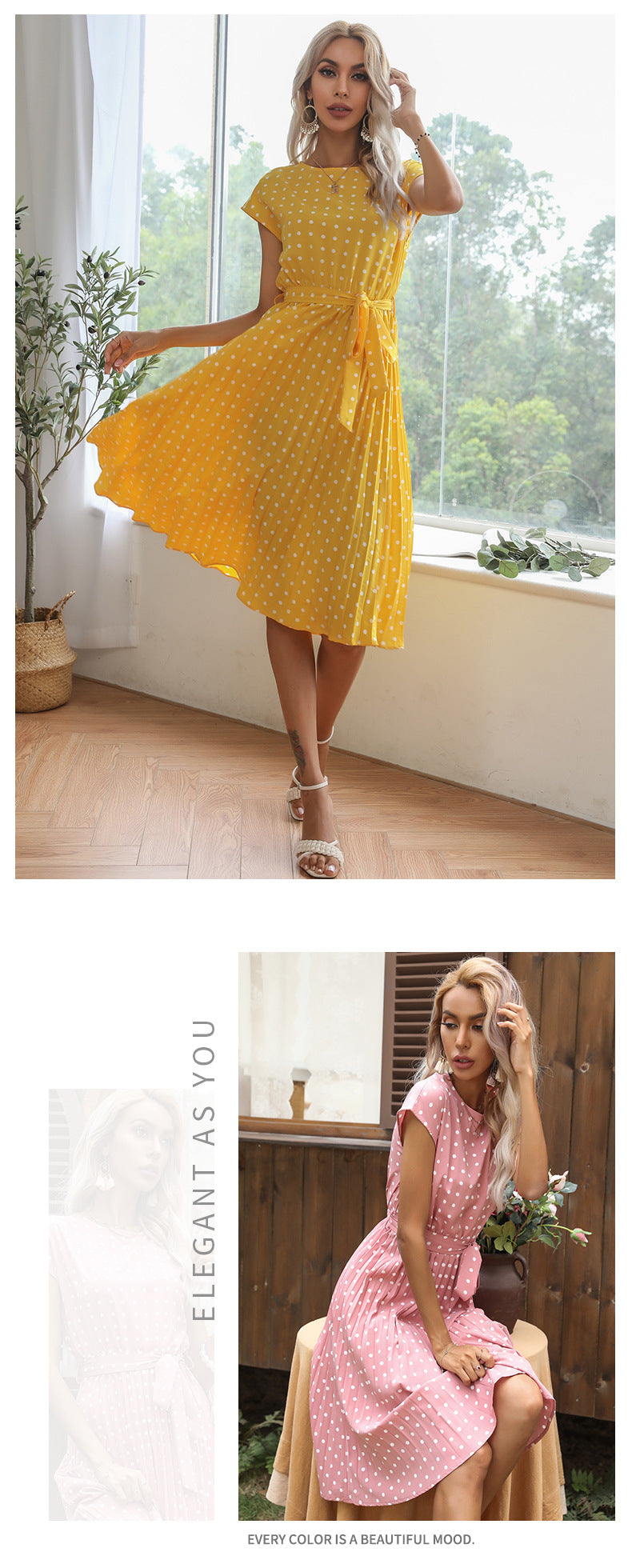Polka Dot Dress for Women Casual Summer Midi Dress Crew Neck Short Sleeve - Seldom Seen Styles