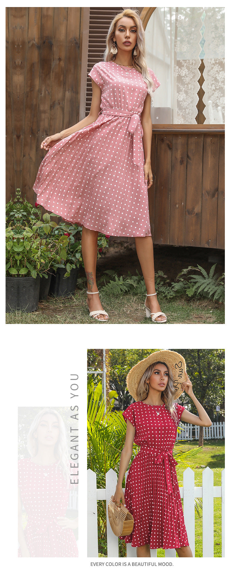 Polka Dot Dress for Women Casual Summer Midi Dress Crew Neck Short Sleeve - Seldom Seen Styles