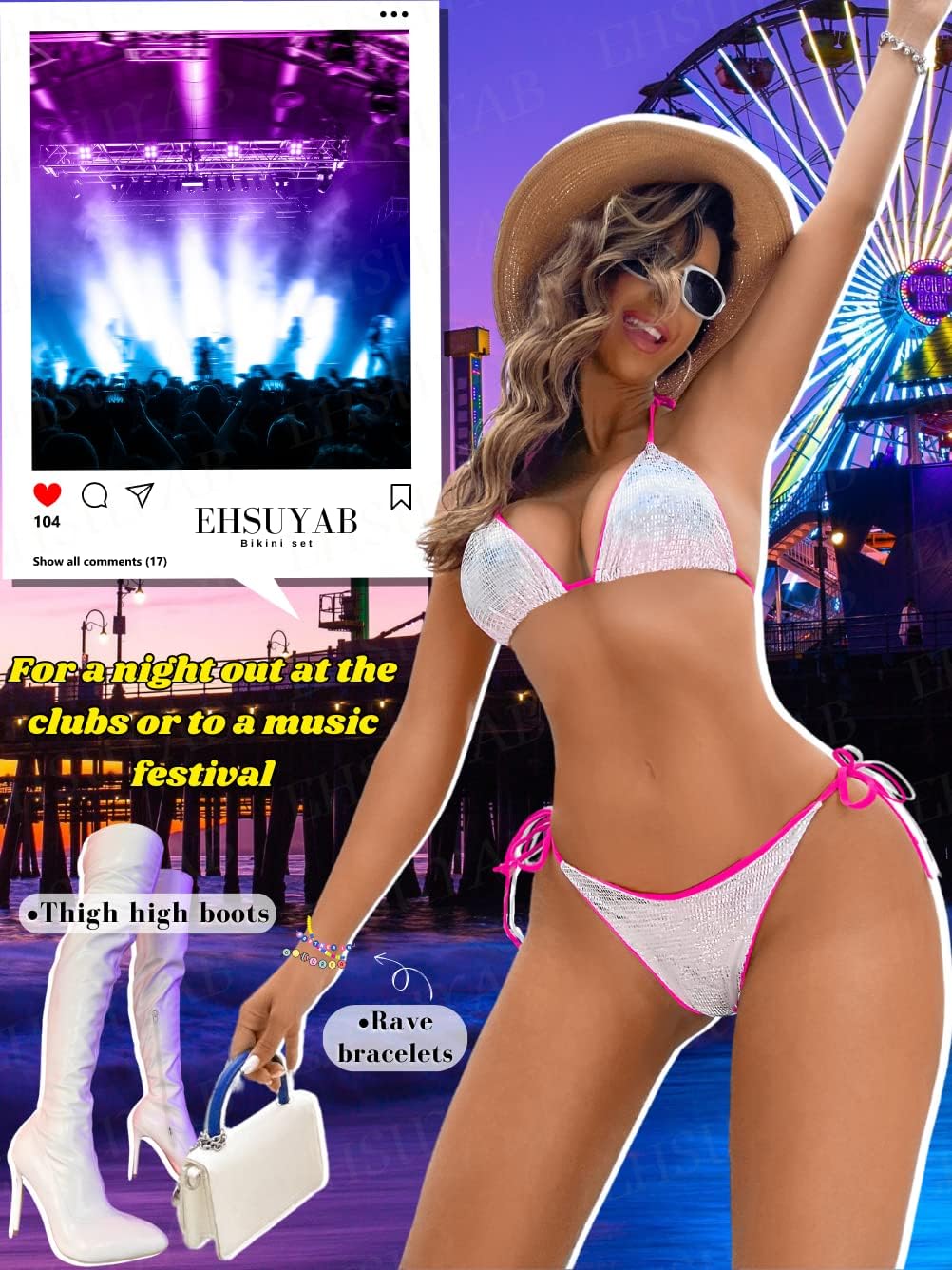 Pool Party Glitter Bikini, Neon Strap, Padded 2Pc Swimsuit Boudoir Shoot - Seldom Seen Styles