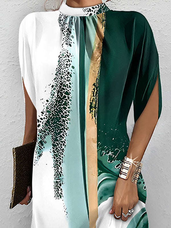 Printed Loose Short Sleeves Mock Neck Short Dresses Mini Dresses - Seldom Seen Styles