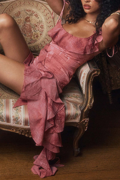 Printed Ruffle Tie Strap Irregular Mini Dress - Seldom Seen Styles