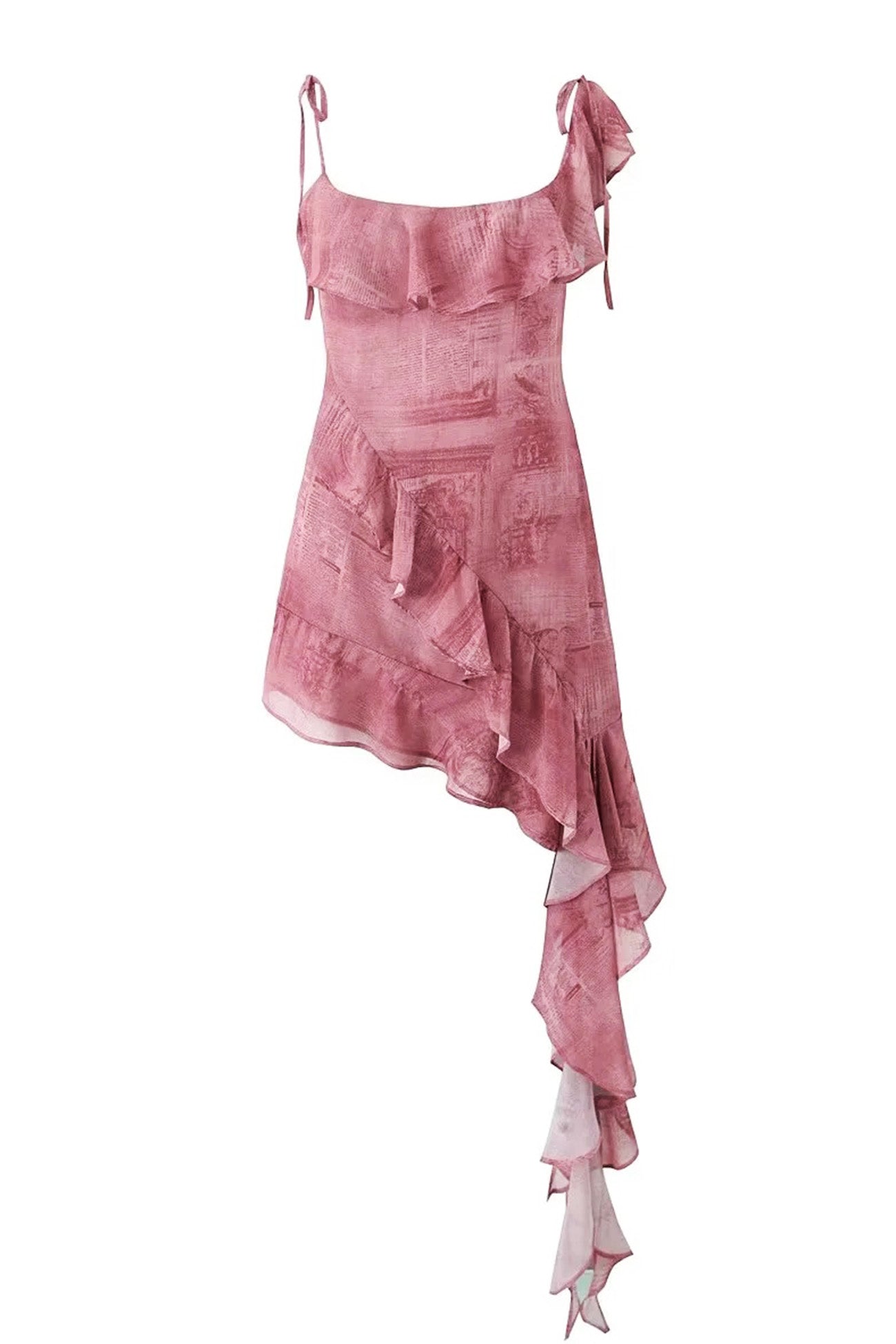 Printed Ruffle Tie Strap Irregular Mini Dress - Seldom Seen Styles