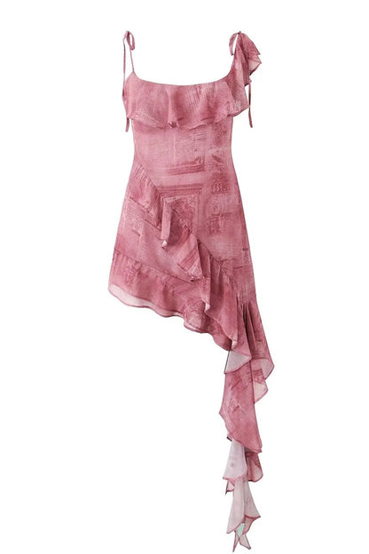 Printed Ruffle Tie Strap Irregular Mini Dress - Seldom Seen Styles