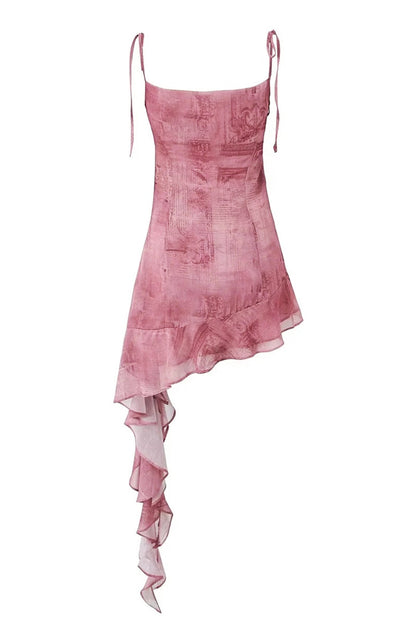 Printed Ruffle Tie Strap Irregular Mini Dress - Seldom Seen Styles