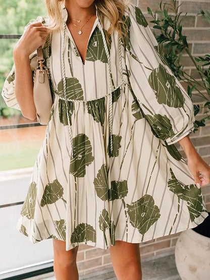 Printed Tied High Waisted Long Sleeves V-Neck Mini Dresses - Seldom Seen Styles