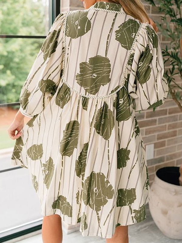 Printed Tied High Waisted Long Sleeves V-Neck Mini Dresses - Seldom Seen Styles