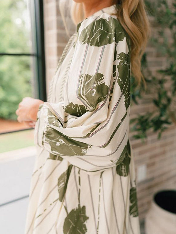 Printed Tied High Waisted Long Sleeves V-Neck Mini Dresses - Seldom Seen Styles