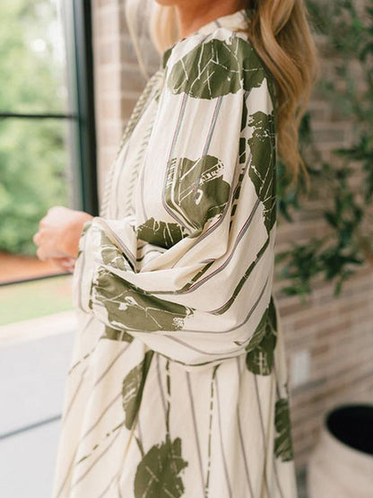 Printed Tied High Waisted Long Sleeves V-Neck Mini Dresses - Seldom Seen Styles