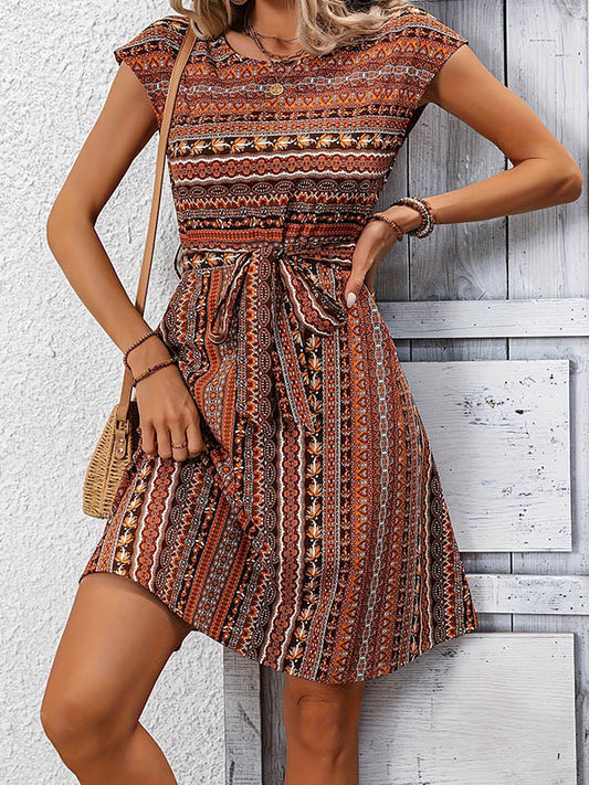 Printed Tied Waist A-Line Loose Round-Neck Mini Dresses - Seldom Seen Styles