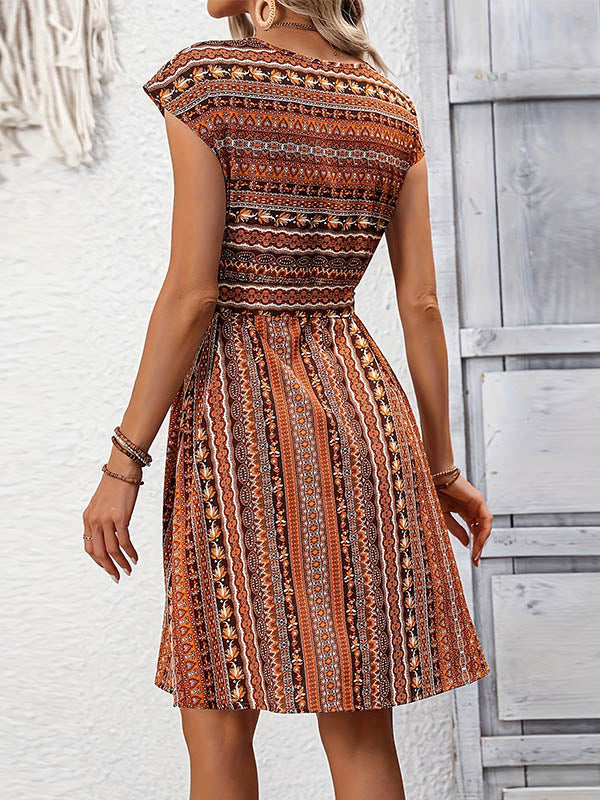 Printed Tied Waist A-Line Loose Round-Neck Mini Dresses - Seldom Seen Styles
