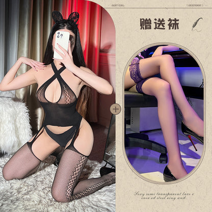 Pure Desire Cross Halter Fishnet Stockings Tear Hollow Out Bodysuit Sexy Sleepwear Women's Pantyhose Open Crotch - Seldom Seen Styles