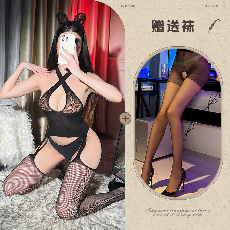 Pure Desire Cross Halter Fishnet Stockings Tear Hollow Out Bodysuit Sexy Sleepwear Women's Pantyhose Open Crotch - Seldom Seen Styles