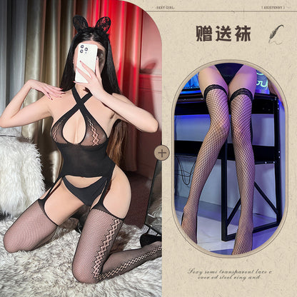 Pure Desire Cross Halter Fishnet Stockings Tear Hollow Out Bodysuit Sexy Sleepwear Women's Pantyhose Open Crotch - Seldom Seen Styles