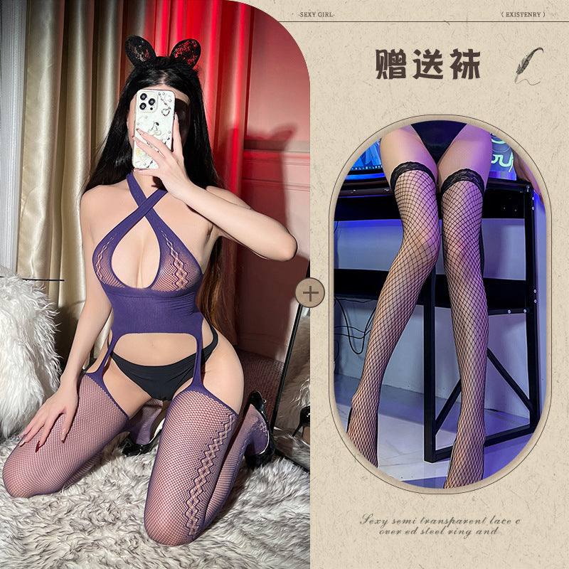 Pure Desire Cross Halter Fishnet Stockings Tear Hollow Out Bodysuit Sexy Sleepwear Women's Pantyhose Open Crotch - Seldom Seen Styles