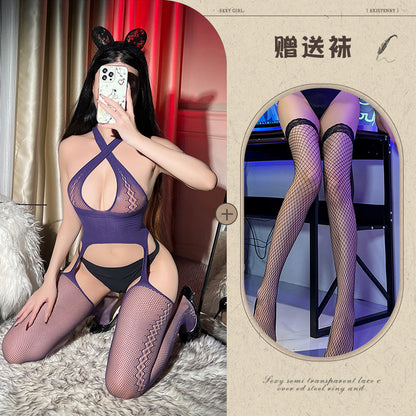 Pure Desire Cross Halter Fishnet Stockings Tear Hollow Out Bodysuit Sexy Sleepwear Women's Pantyhose Open Crotch - Seldom Seen Styles