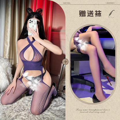 Pure Desire Cross Halter Fishnet Stockings Tear Hollow Out Bodysuit Sexy Sleepwear Women's Pantyhose Open Crotch - Seldom Seen Styles