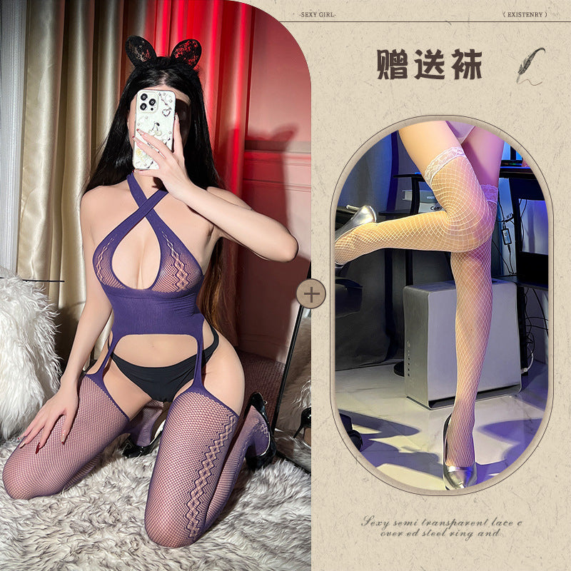 Pure Desire Cross Halter Fishnet Stockings Tear Hollow Out Bodysuit Sexy Sleepwear Women's Pantyhose Open Crotch - Seldom Seen Styles