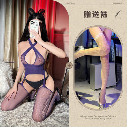 Pure Desire Cross Halter Fishnet Stockings Tear Hollow Out Bodysuit Sexy Sleepwear Women's Pantyhose Open Crotch - Seldom Seen Styles